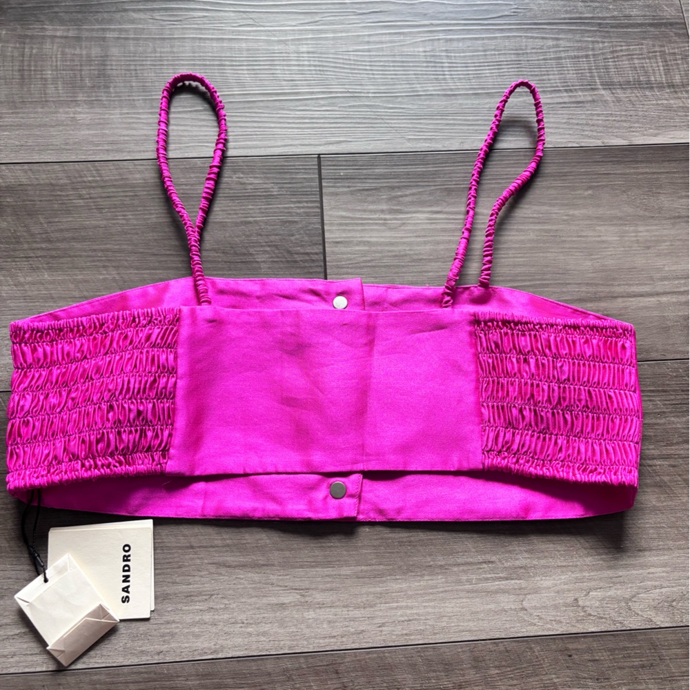 Sandro Hot Pink Satin Braided-Strap Crop Top 3 large - Picture 3 of 10